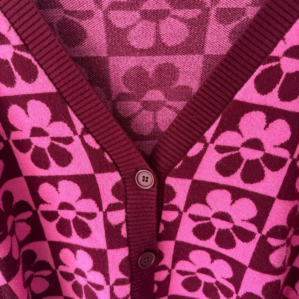 Pink Purple Floral Button Front Knit Cardigan Boho Groovy 70s Daisy Slouchy